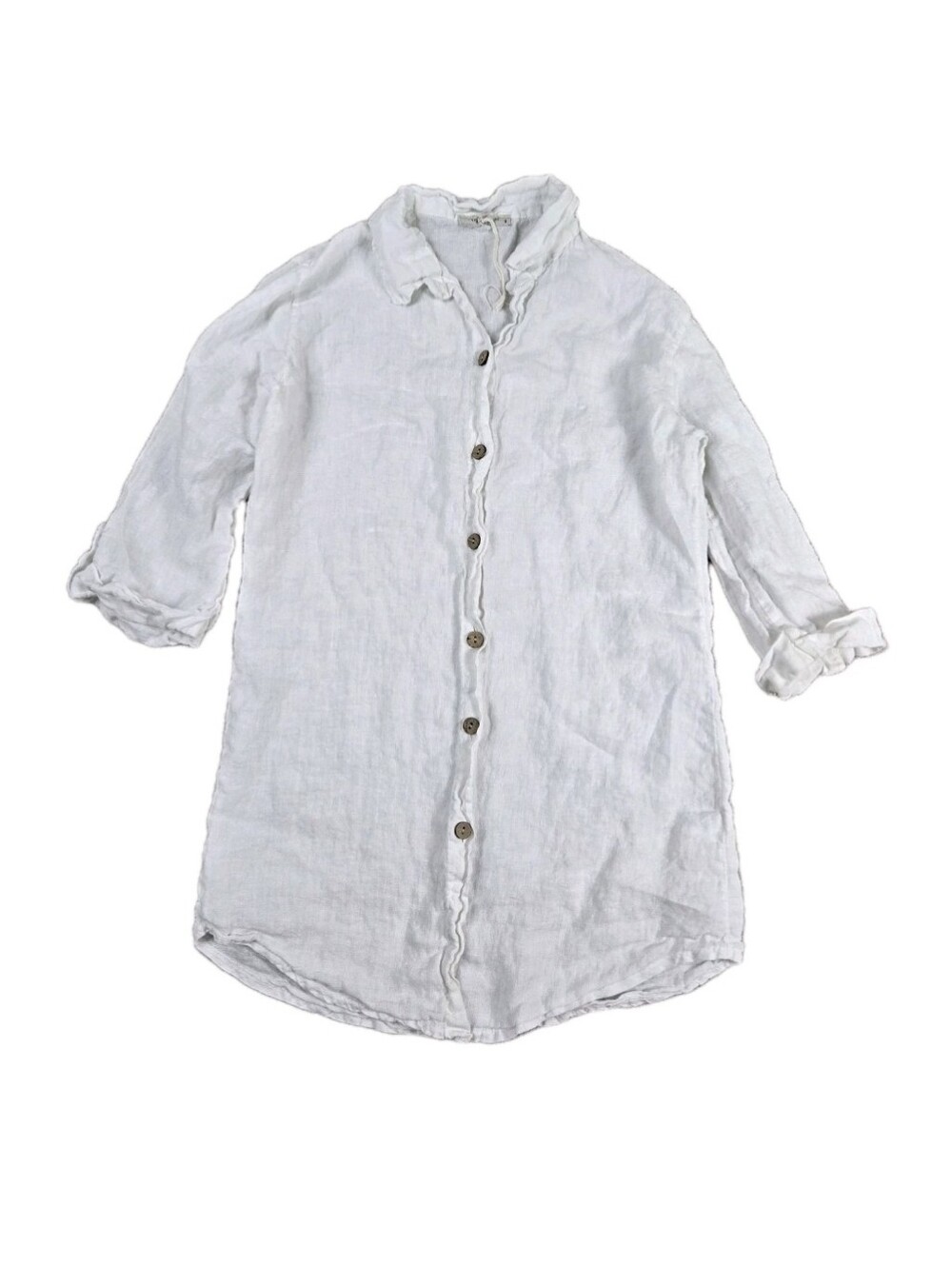 Viola Borghi Linen Tunic Top White Sz S Button Up 3/4 Roll Tab Sleeves Lagenlook